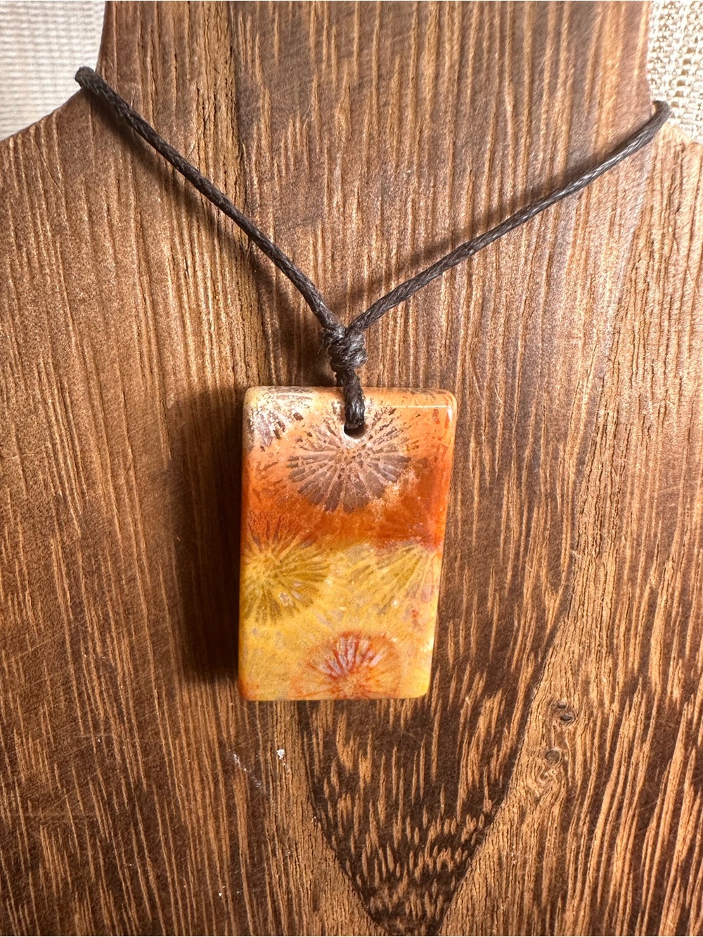 Natural Orange and Yellow Coral Fossil Pendant Necklace on Thin Brown Rope